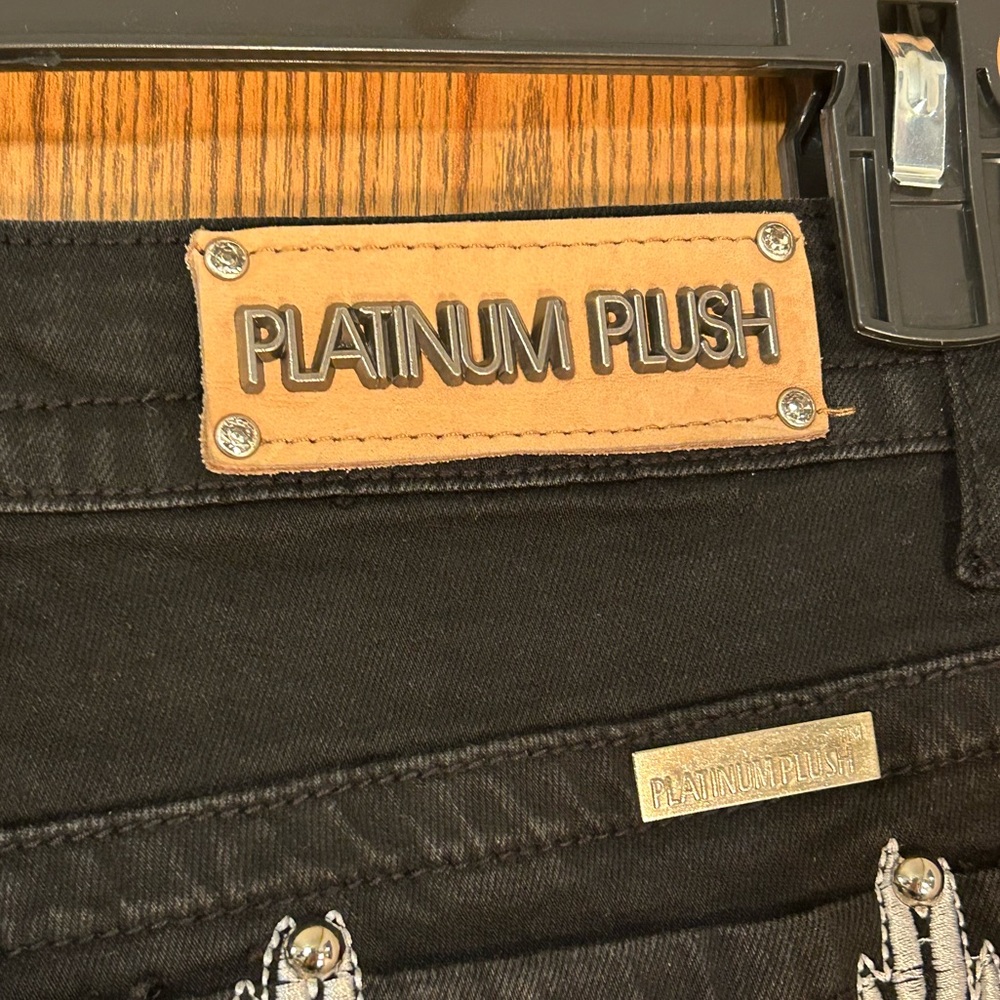 Platinum Plush Rhinestone Embellished Studded Black Biker Angel Jeans - Picture 9 of 10